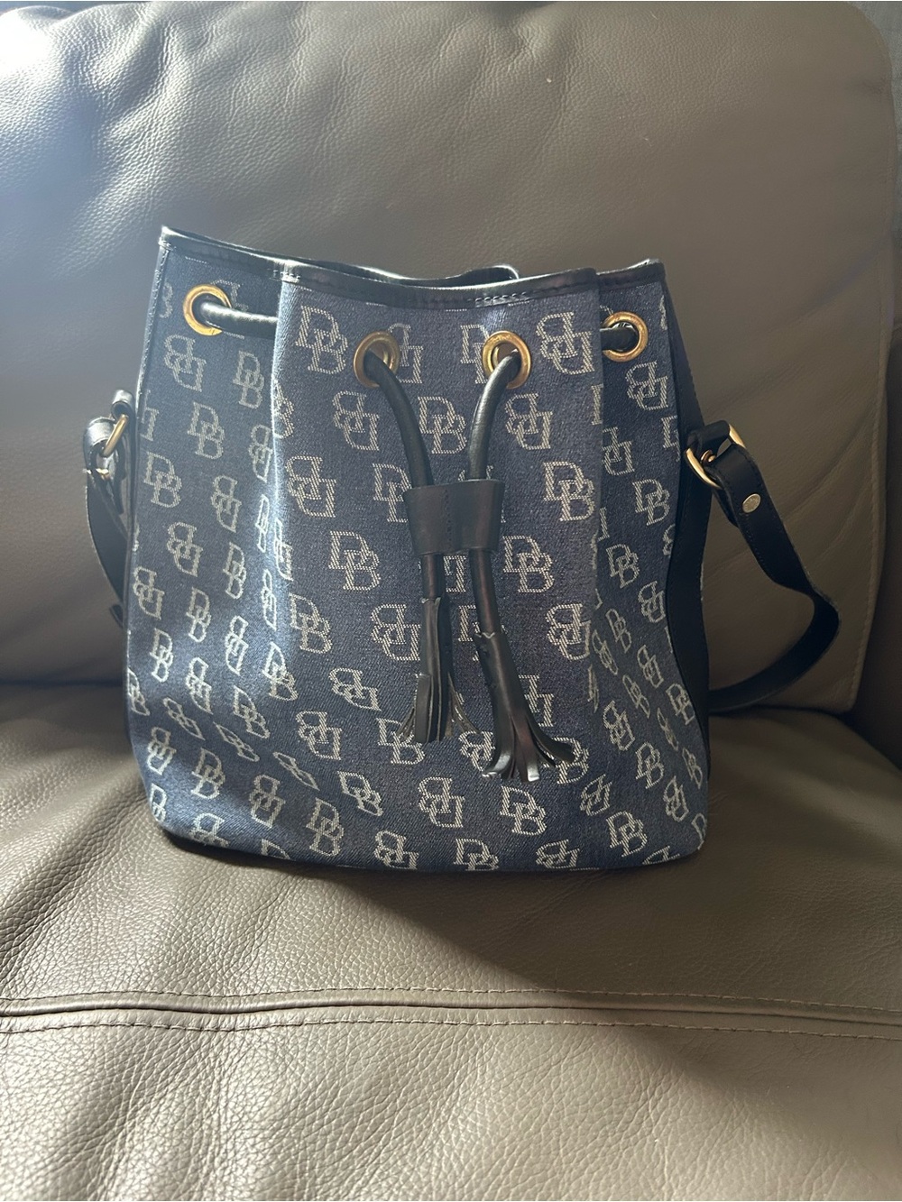 Dooney & Bourke Navy DB Monogram Drawstring Bucket Bag